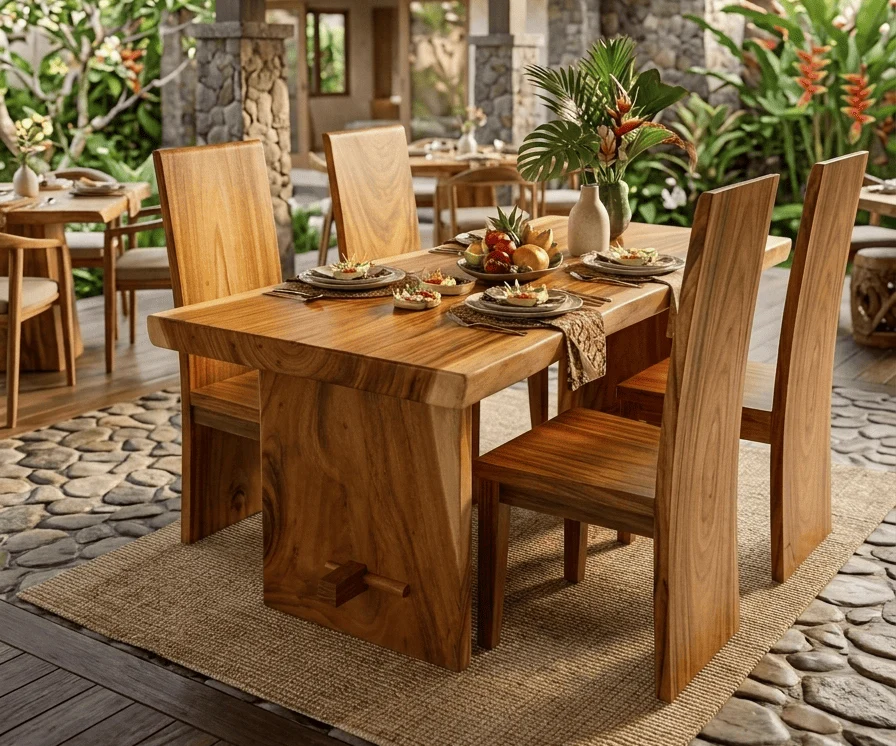 set meja makan trembesi untuk restoran indoor