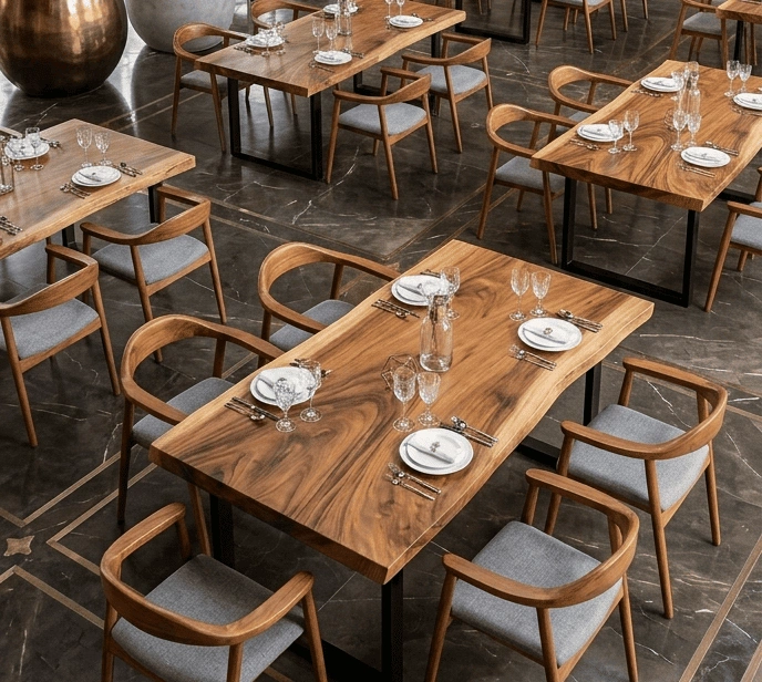 kursi dan meja makan trembesi custom untuk restoran dan hotel