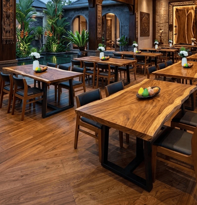 set meja makan panjang trembesi custom untuk hotel dan restoran